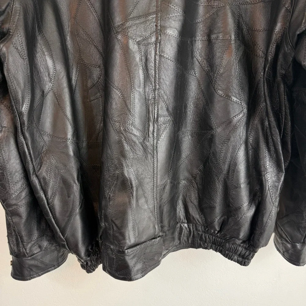 Vintage Genuine Leather Patchwork Bomber Jacket Black Oversized XL 90s Grunge